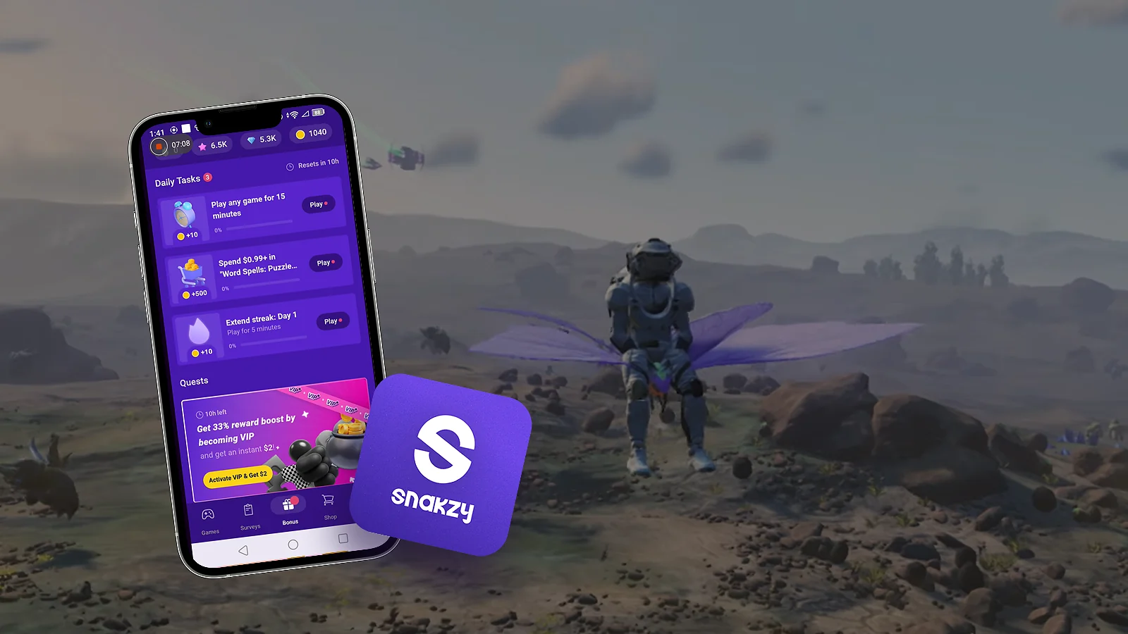No Man's Sky gameplay with the Snakzy app and logo overlay