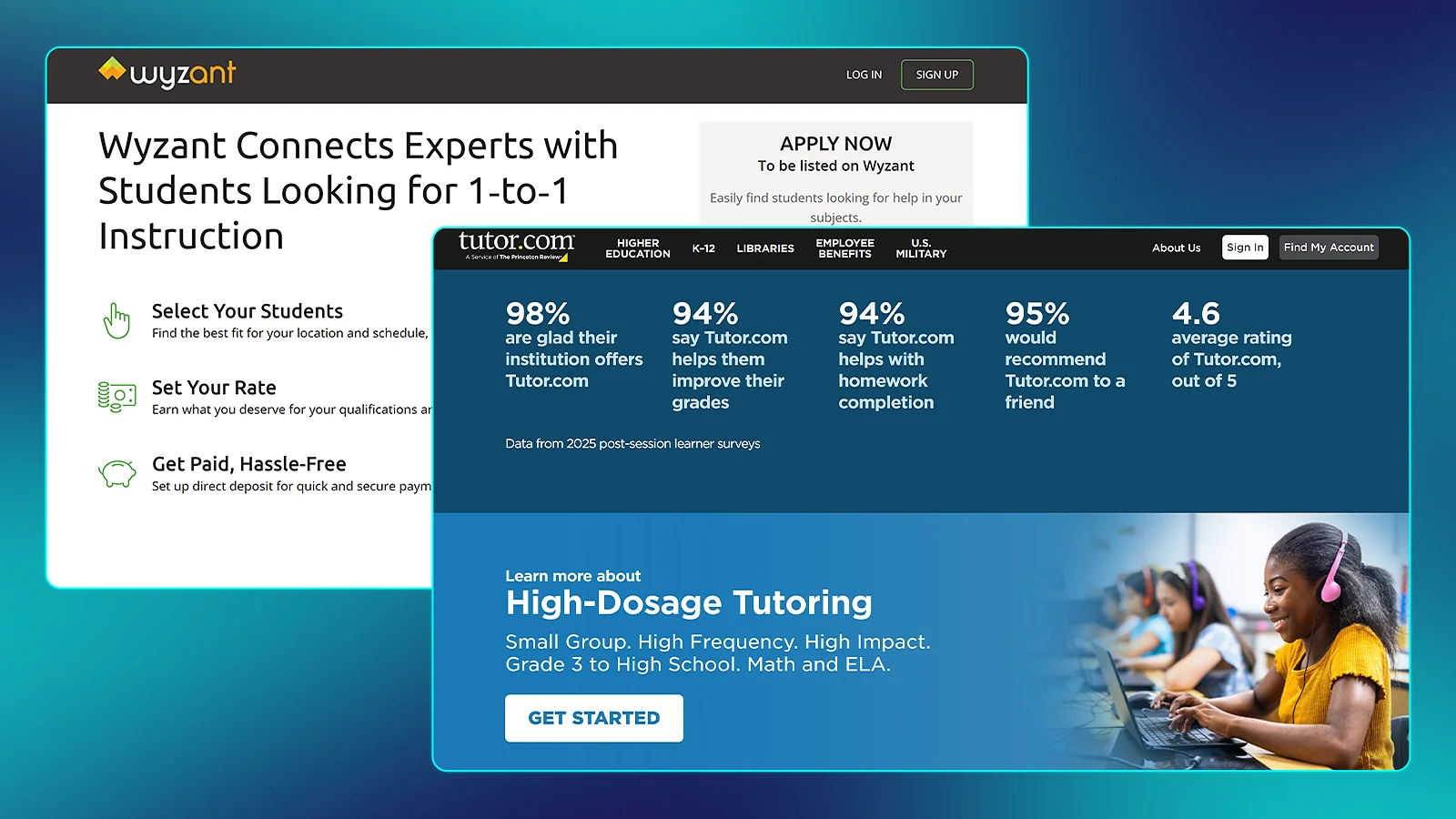 Online tutoring platforms: Wyzant and Tutor.com homepages