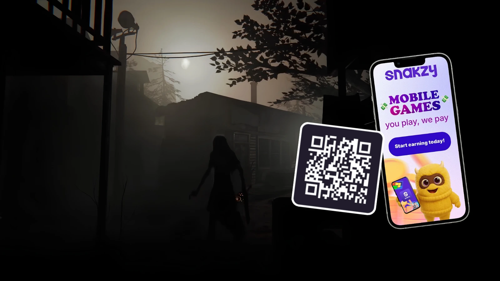 Snakzy mobile app QR code overlaid on a foggy Outlast 2 horror scene