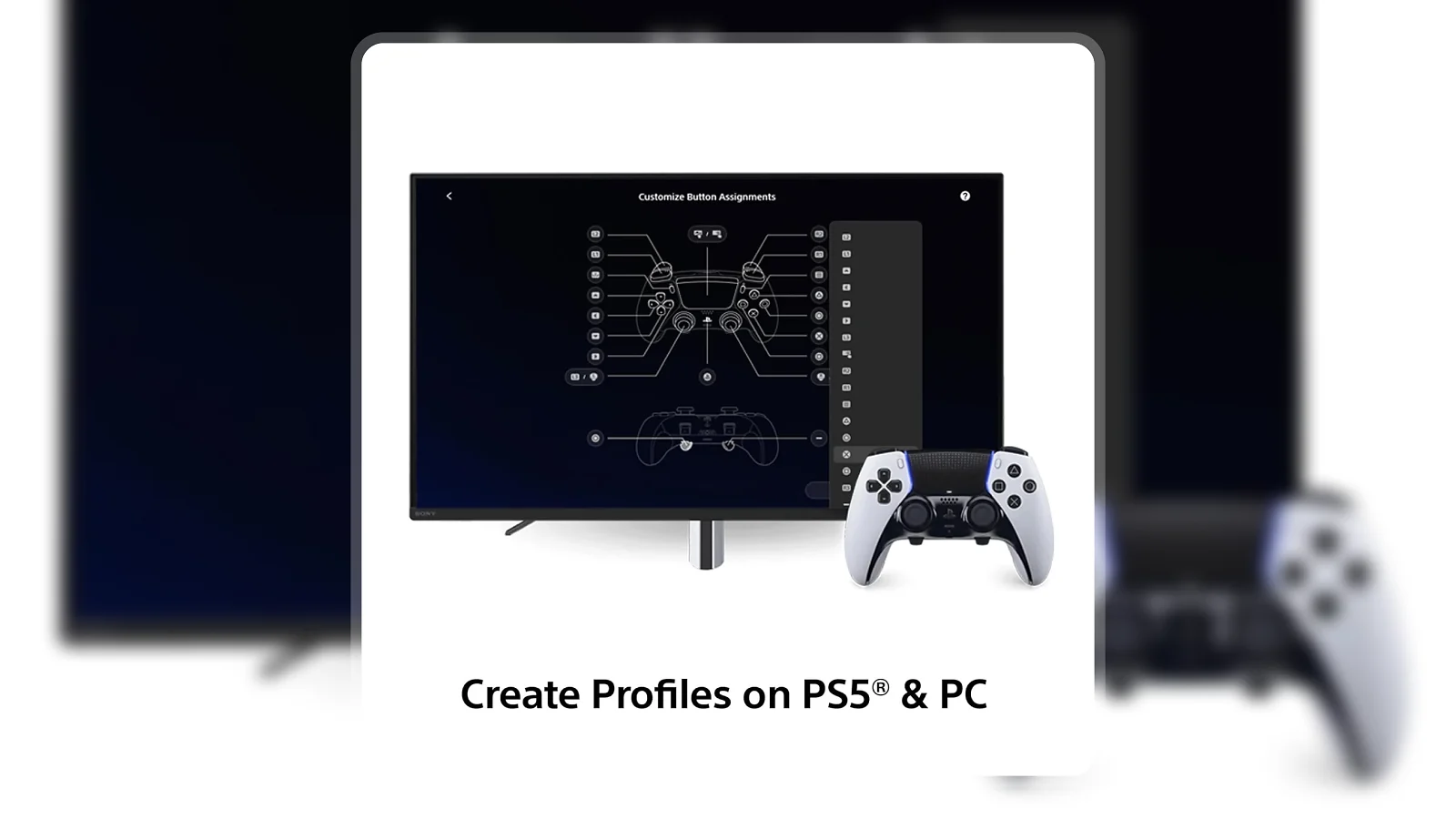 PlayStation DualSense Edge Wireless Controller beside a TV displaying button customization interface