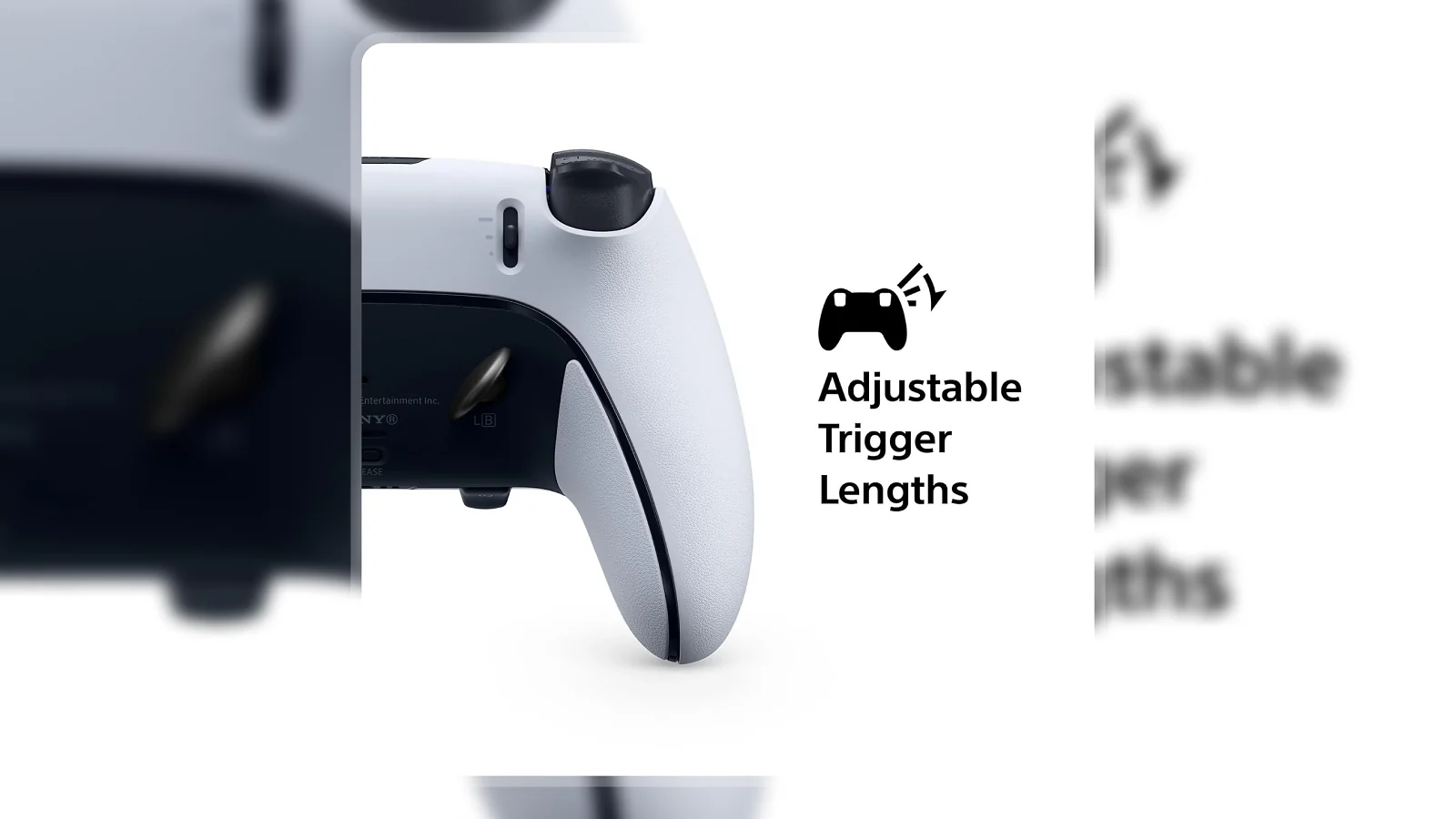 PlayStation DualSense Edge Wireless Controller side view highlighting adjustable trigger on white background