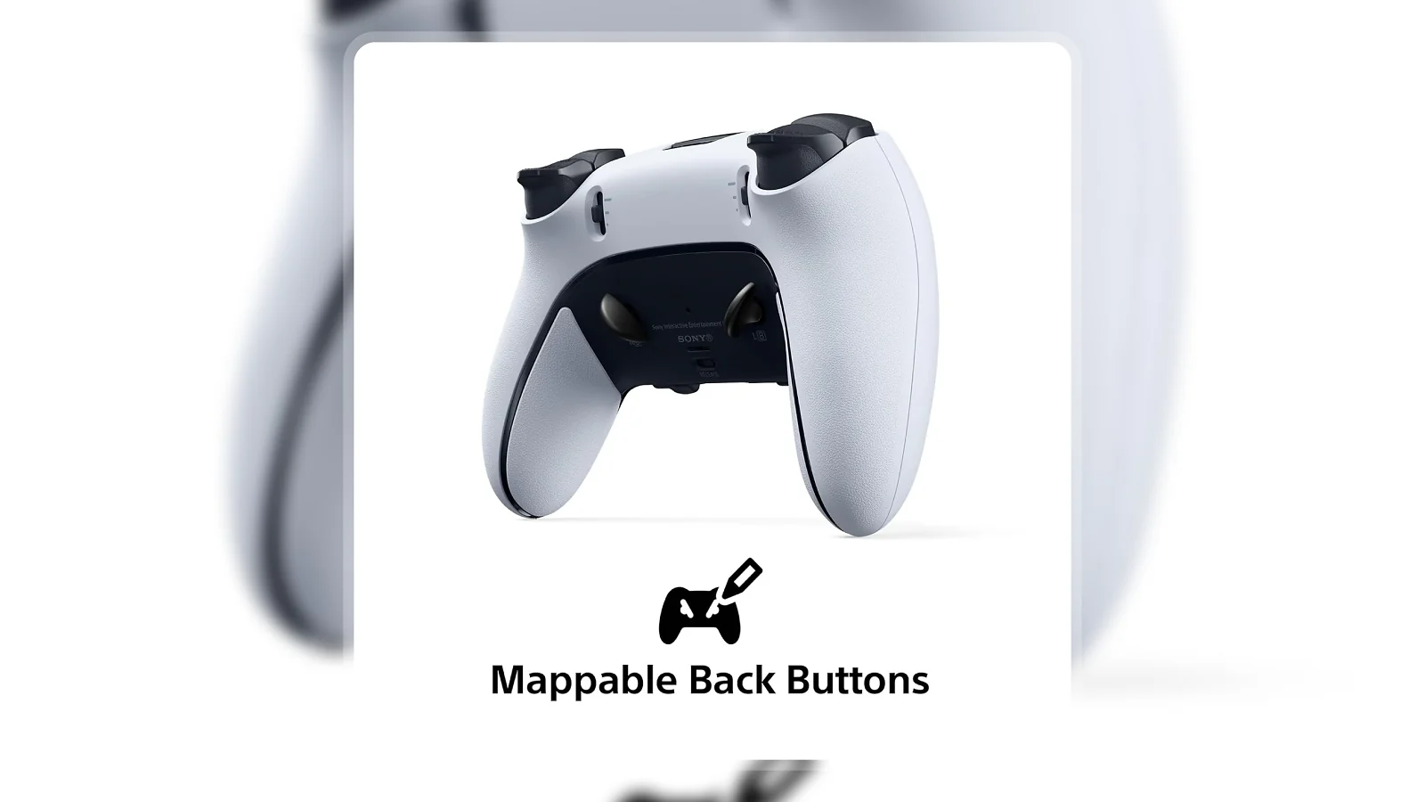 PlayStation DualSense Edge Wireless Controller rear view showing mappable back buttons on white background