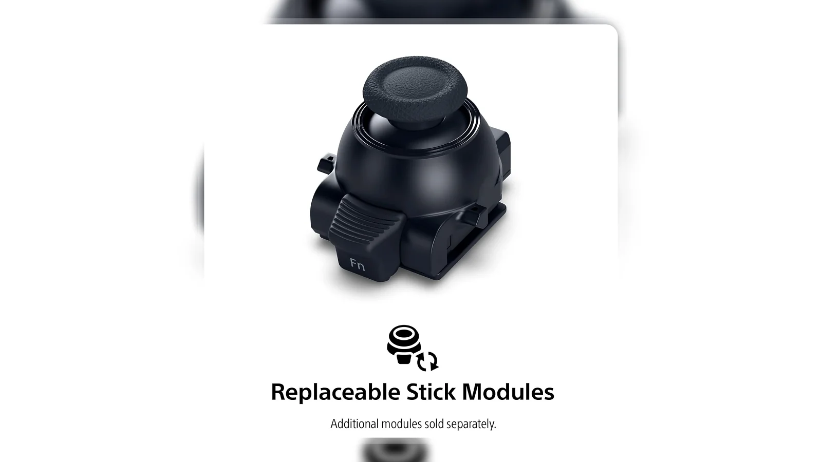 PlayStation DualSense Edge replaceable stick module on white background showing textured cap and mechanism