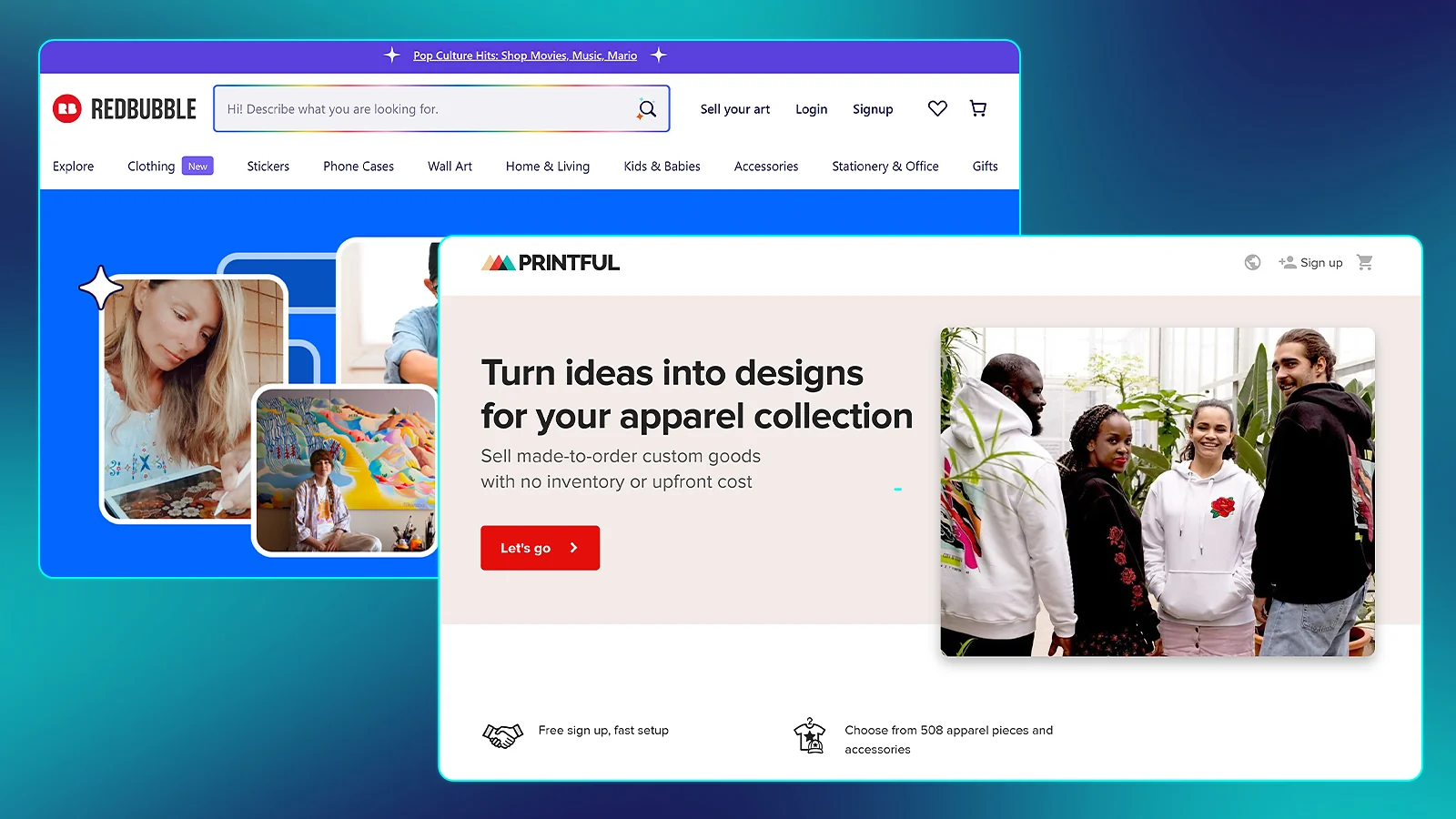 Print-on-demand services: Redbubble and Printful homepages