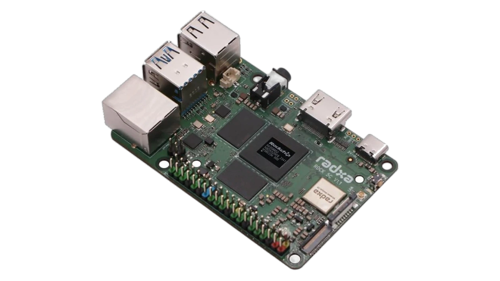 Radxa Rock 5C board angled view showing USB 3.0 ports, Gigabit Ethernet jack, and HDMI output