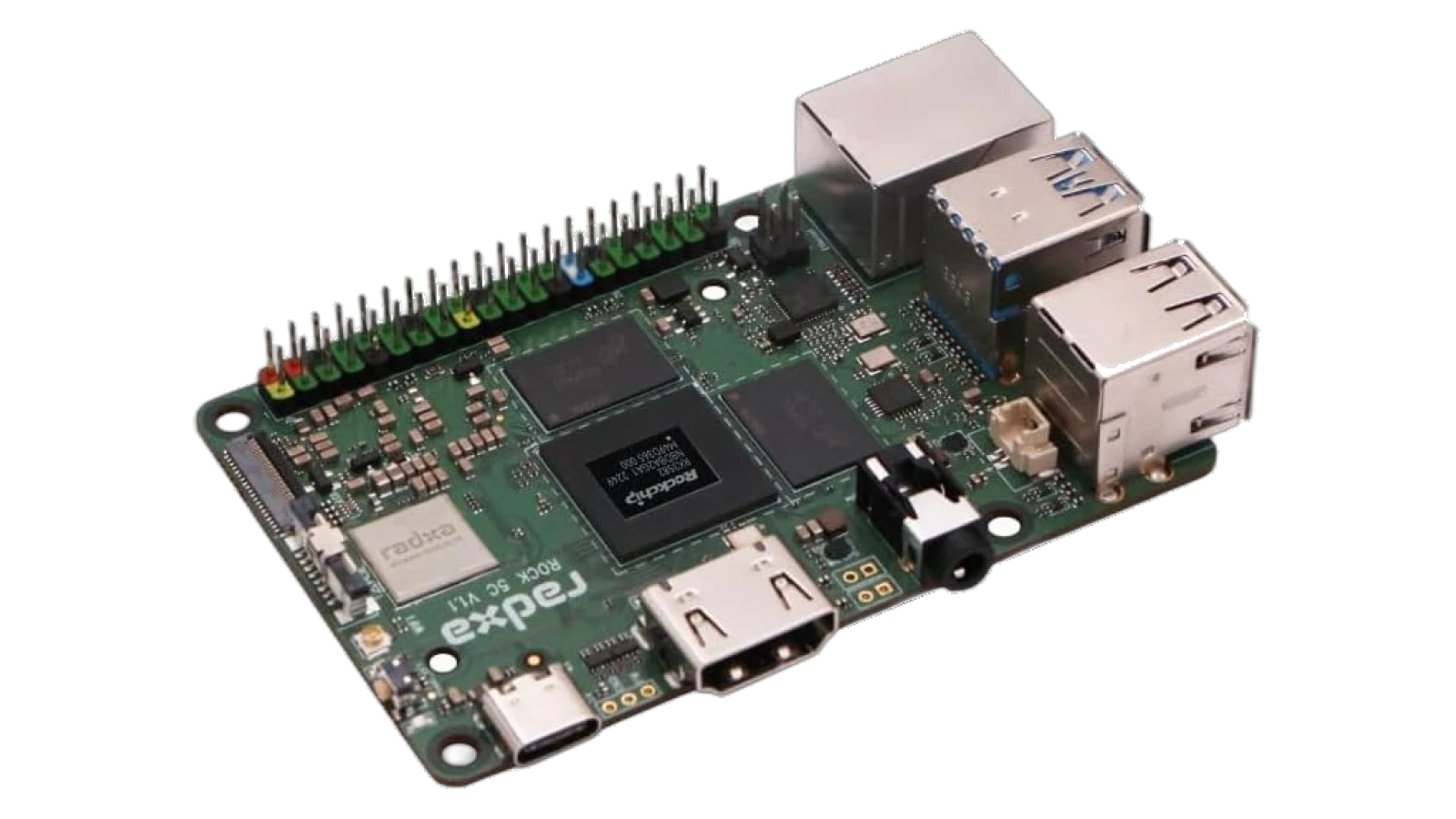 Radxa Rock 5C board showing 40-pin GPIO header, HDMI port, and USB-C power connector
