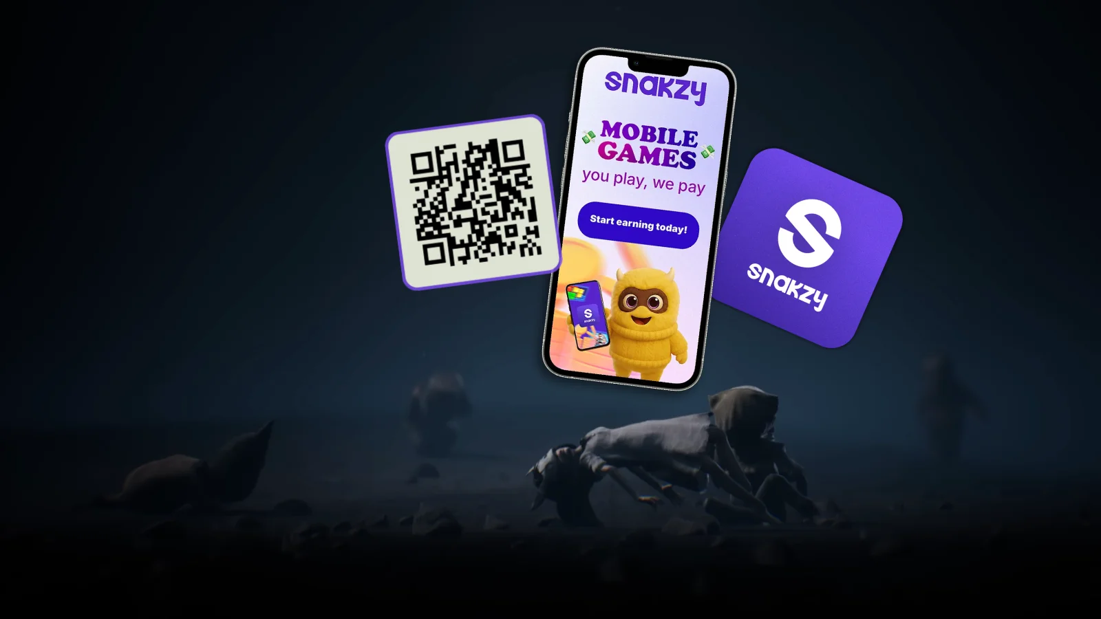 Figuras espeluznantes con temática de animales junto al código QR de la aplicación Snakzy
