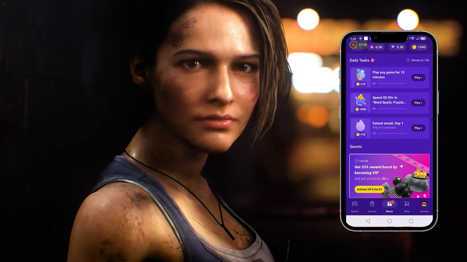Close-up of a player using the Snakzy app to earn Resident Evil 3 for free
