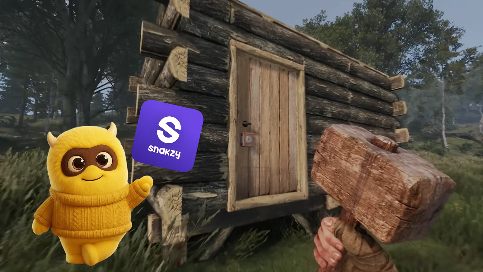 La mascota y el logotipo de Snakzy junto a una base de madera de Rust en un bosque