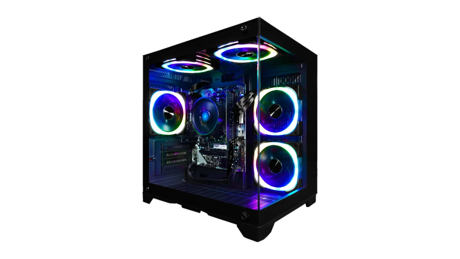SAAV Prebuilt Gaming PC tower with RGB fan lighting visible through the tempered glass side panel