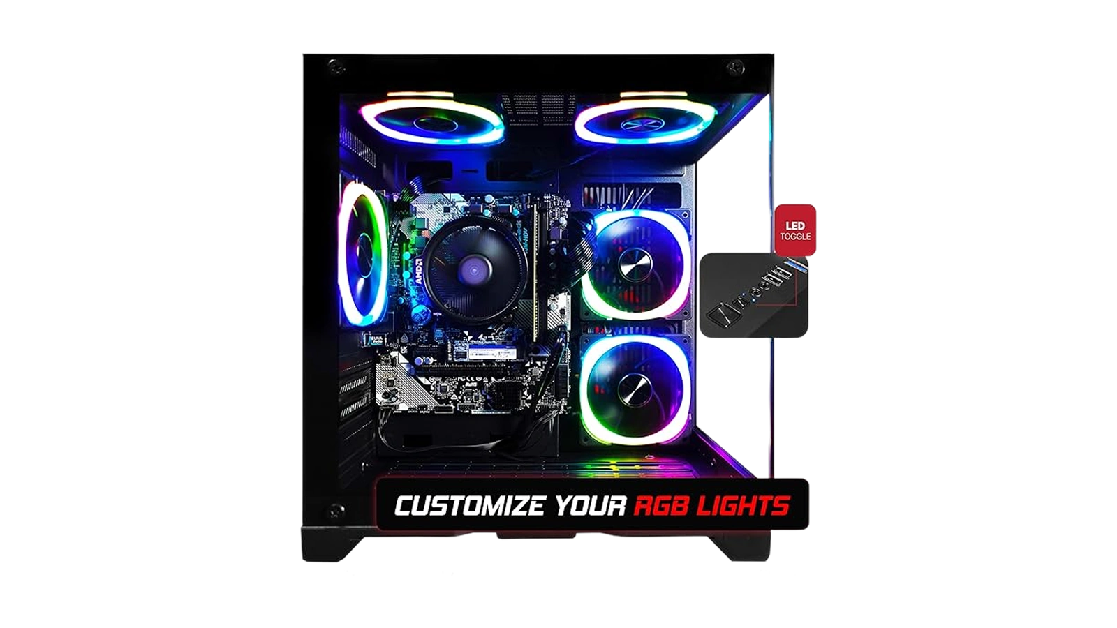 SAAV Gaming PC interior showing AMD air cooler and RGB ring fans through the tempered glass panel