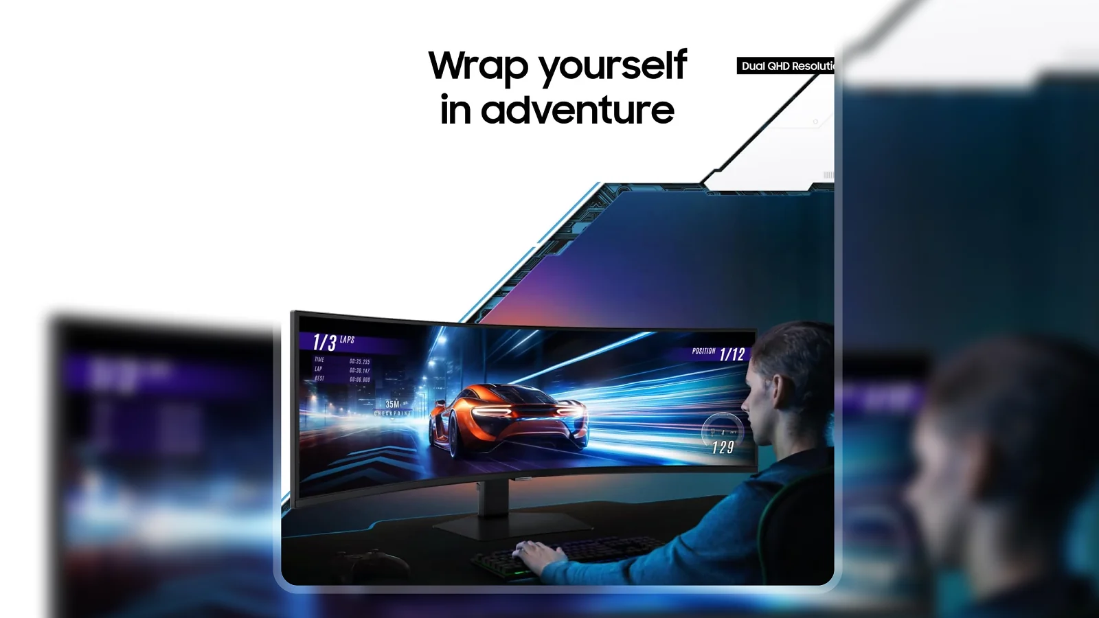 Gamer using the Samsung Odyssey G9 ultrawide curved monitor at a desk while playing a racing game