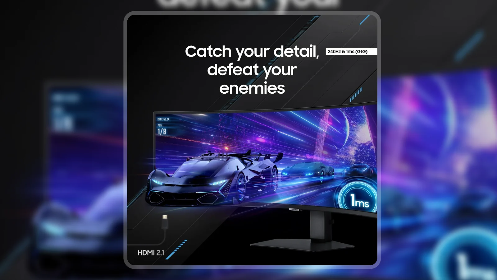 Samsung Odyssey G9 curved monitor angled on dark background with racing game on screen and HDMI 2.1 port callout