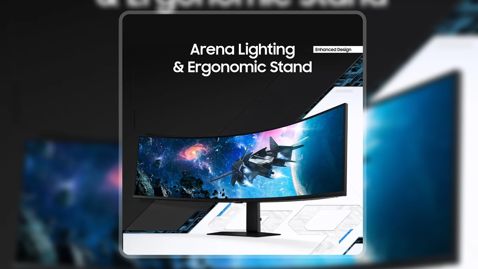 Samsung Odyssey G9 49-inch ultrawide curved monitor front view on dark background showing space game on screen