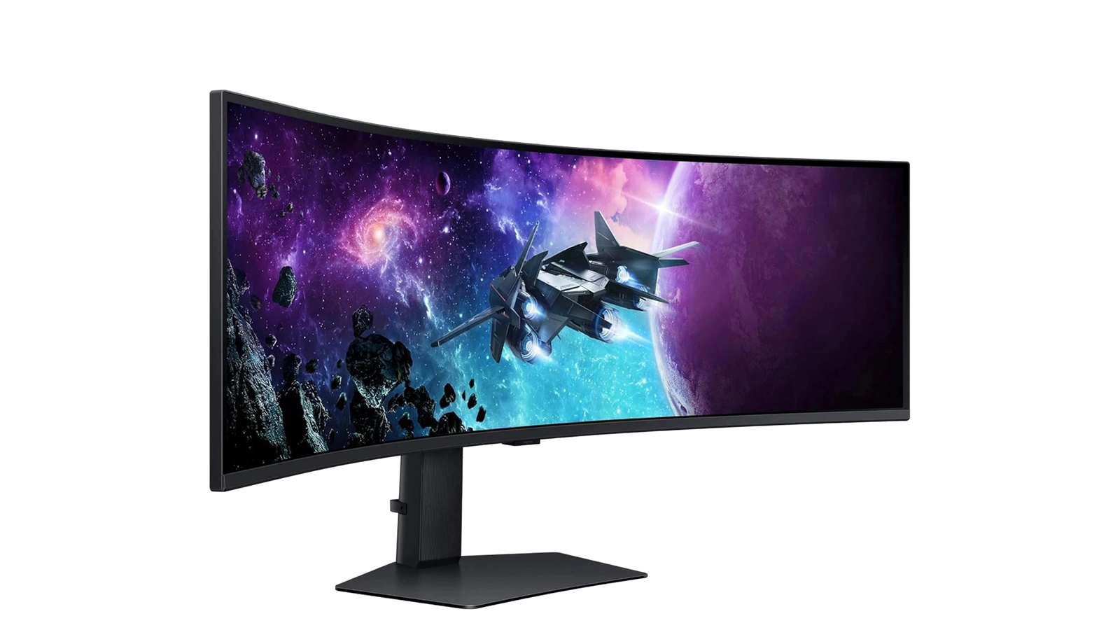 Samsung Odyssey G9 curved gaming monitor at a 3/4 angle on white background with space game on screen