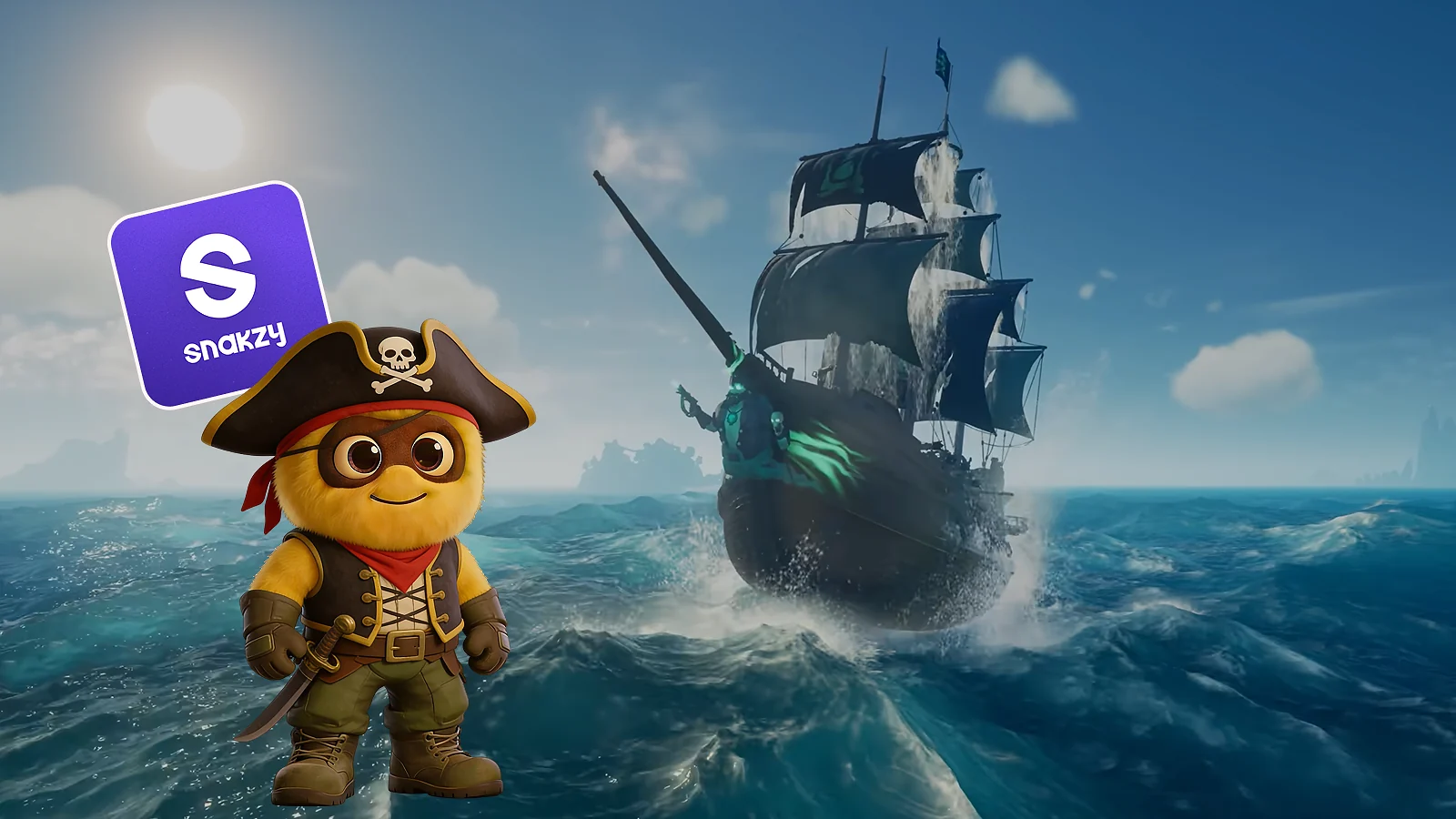 La mascota y el logotipo de Snakzy junto a un barco de «Sea of Thieves» en alta mar