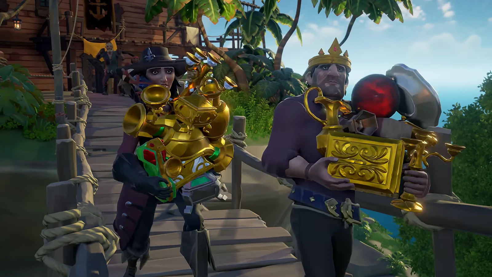 Dos piratas de Sea of Thieves transportando un tesoro