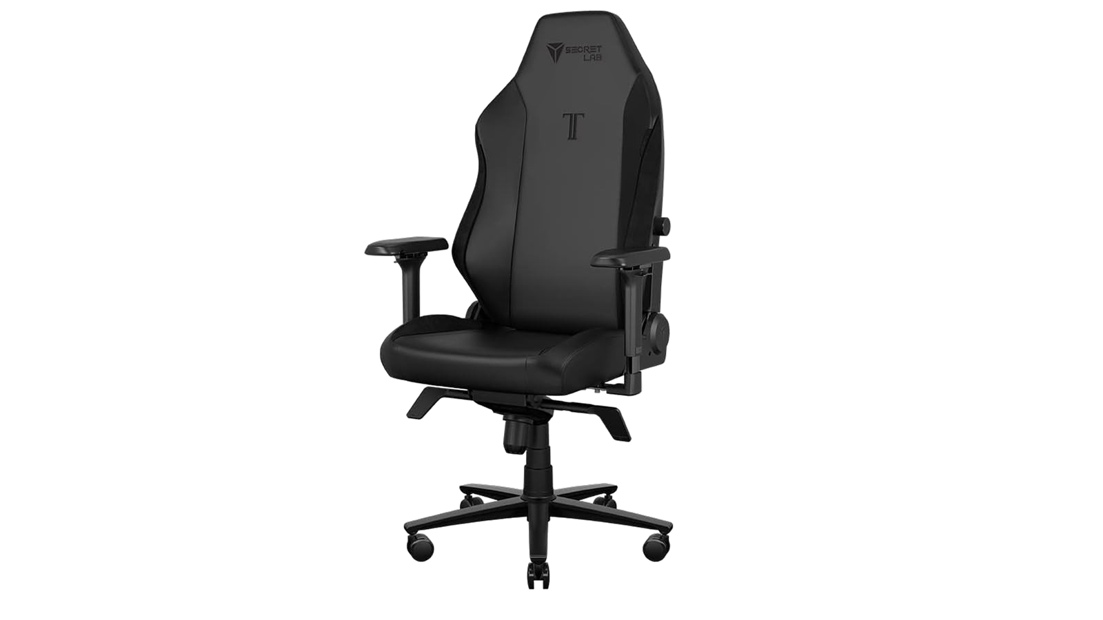 Secretlab Titan Evo Lite gaming chair front view with black leatherette and gold logo on white background