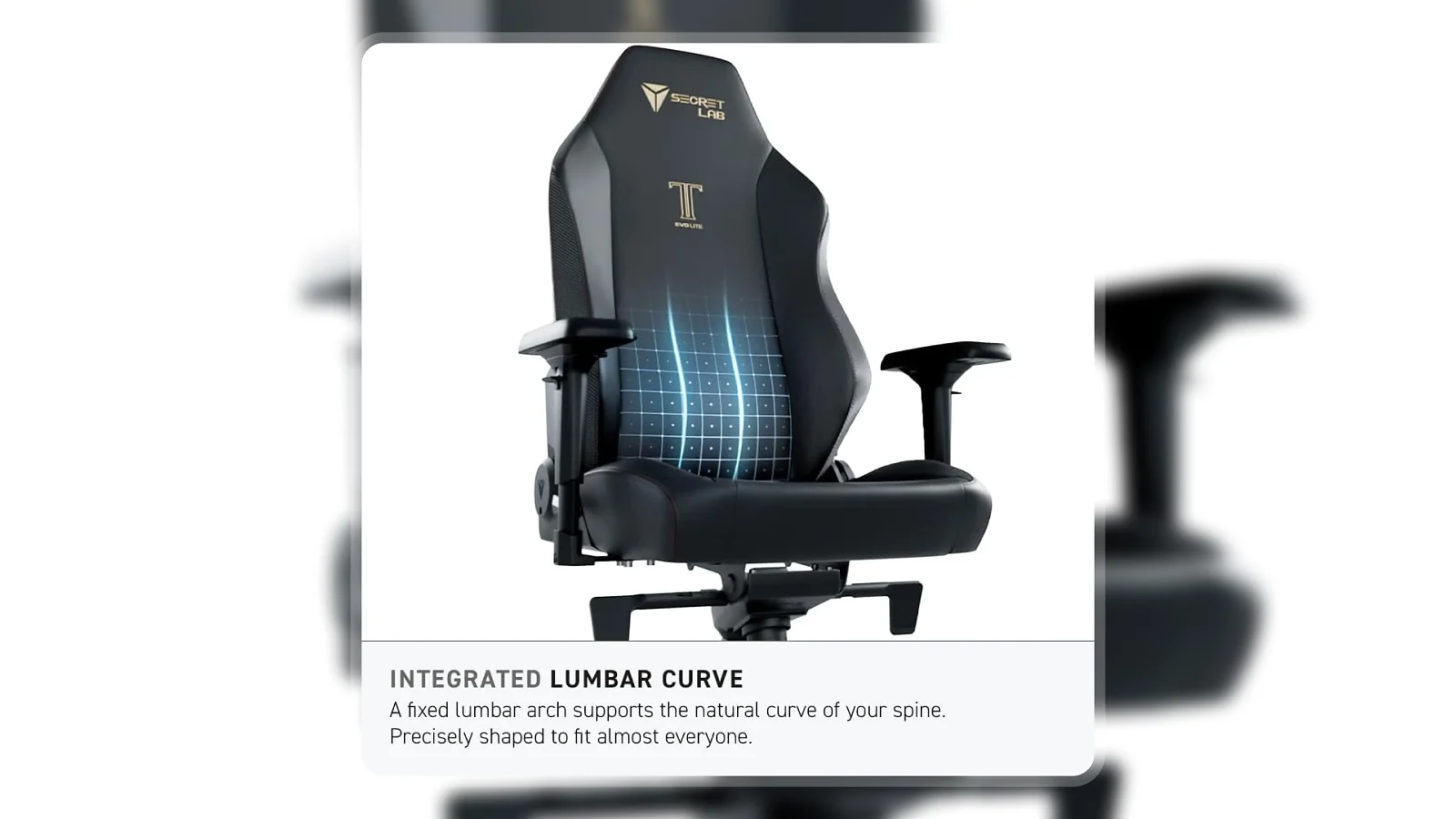 Secretlab Titan Evo Lite chair backrest with integrated lumbar curve feature highlighted in blue