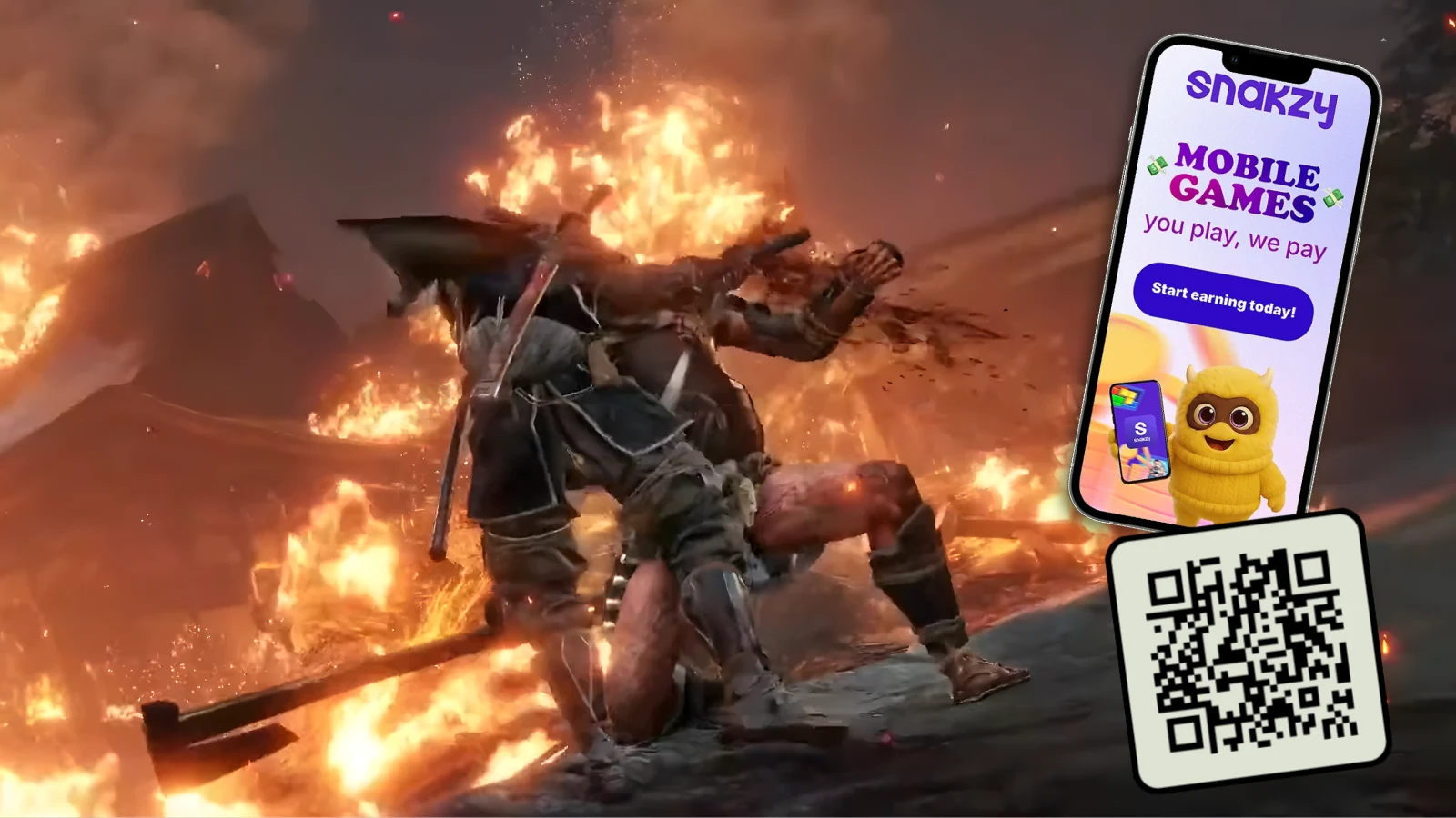 Escena de combate de Sekiro junto a un código QR para descargar la aplicación Snakzy