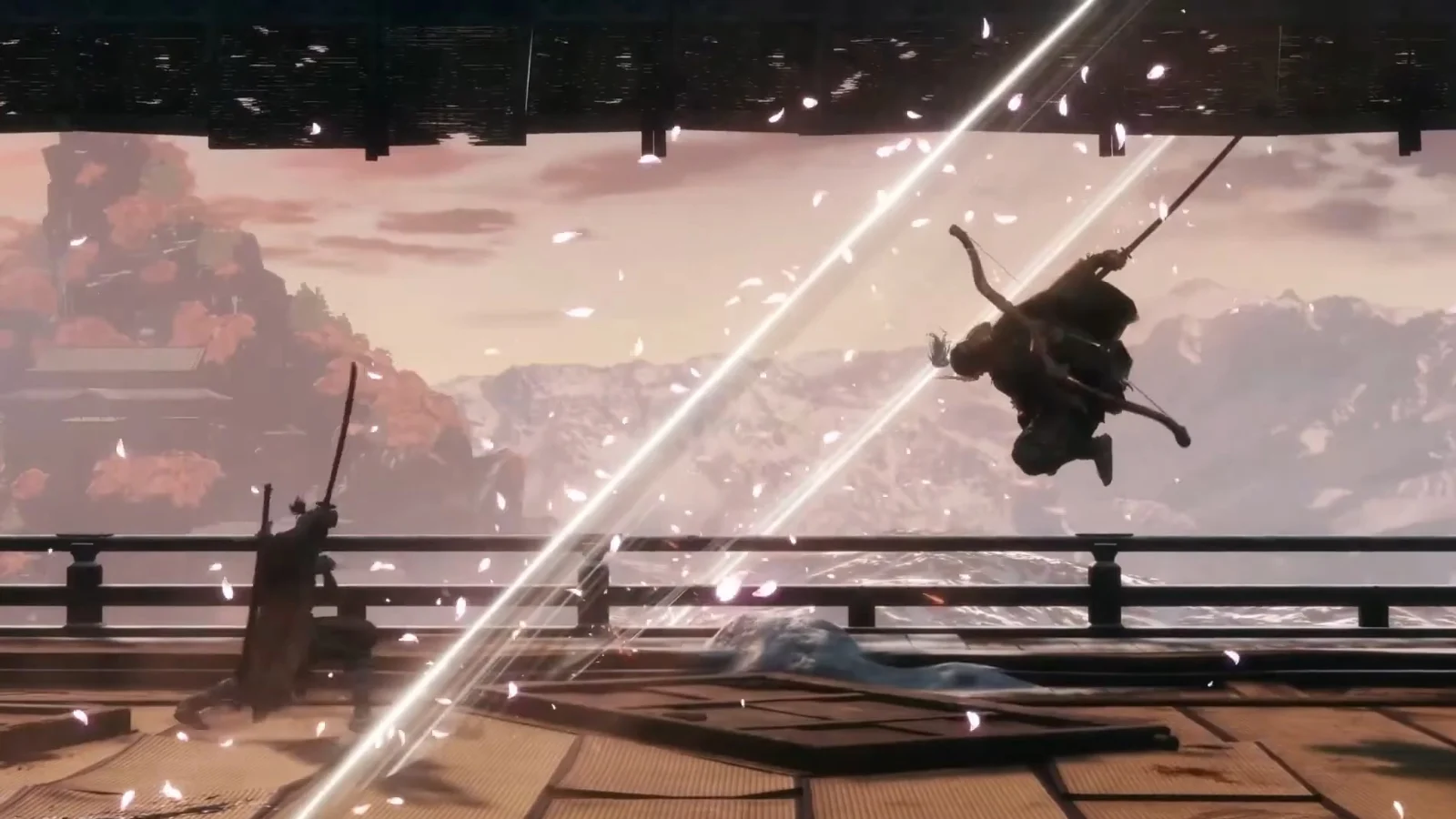 Wolf lanzándose a un ataque aéreo en Sekiro: Las sombras mueren dos veces