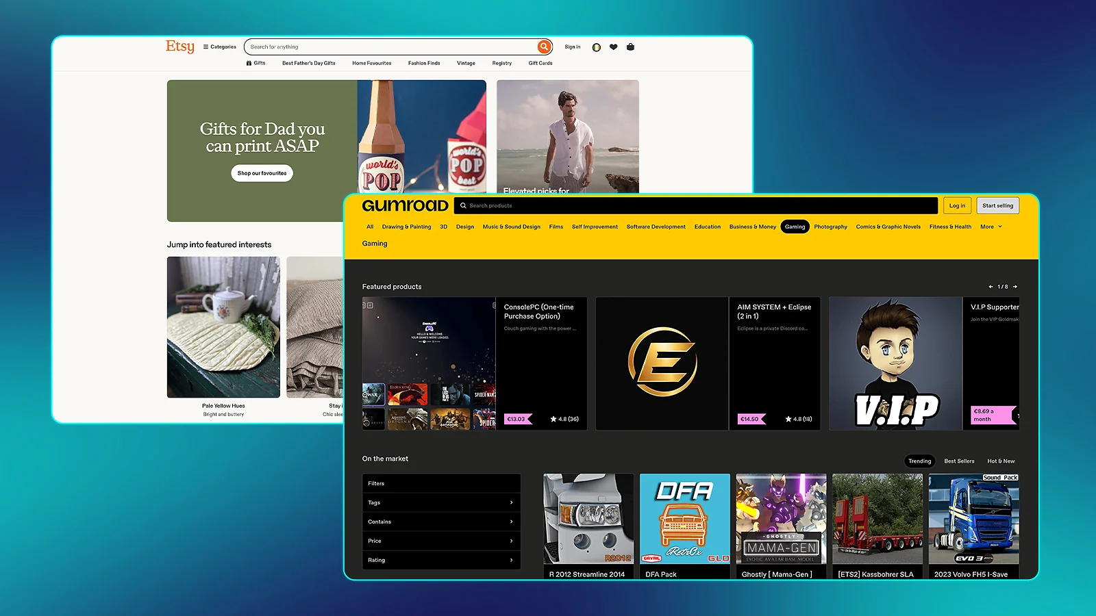 Selling digital products: Etsy and Gumroad website storefronts