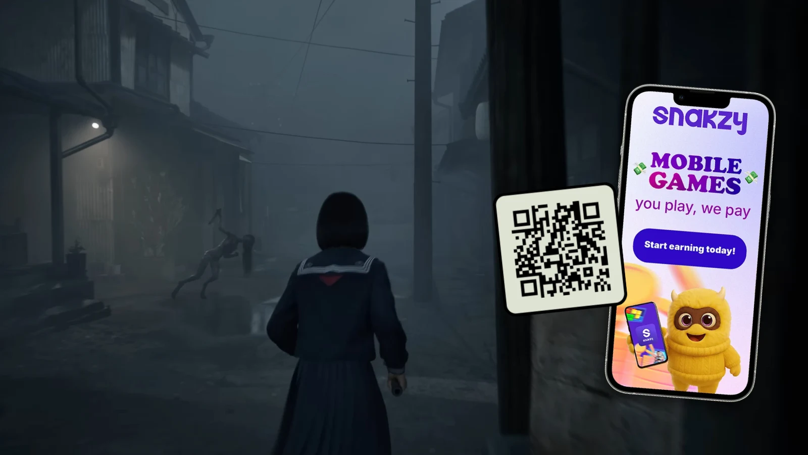 SILENT HILL f creature design next to a QR code for the Snakzy rewards app
