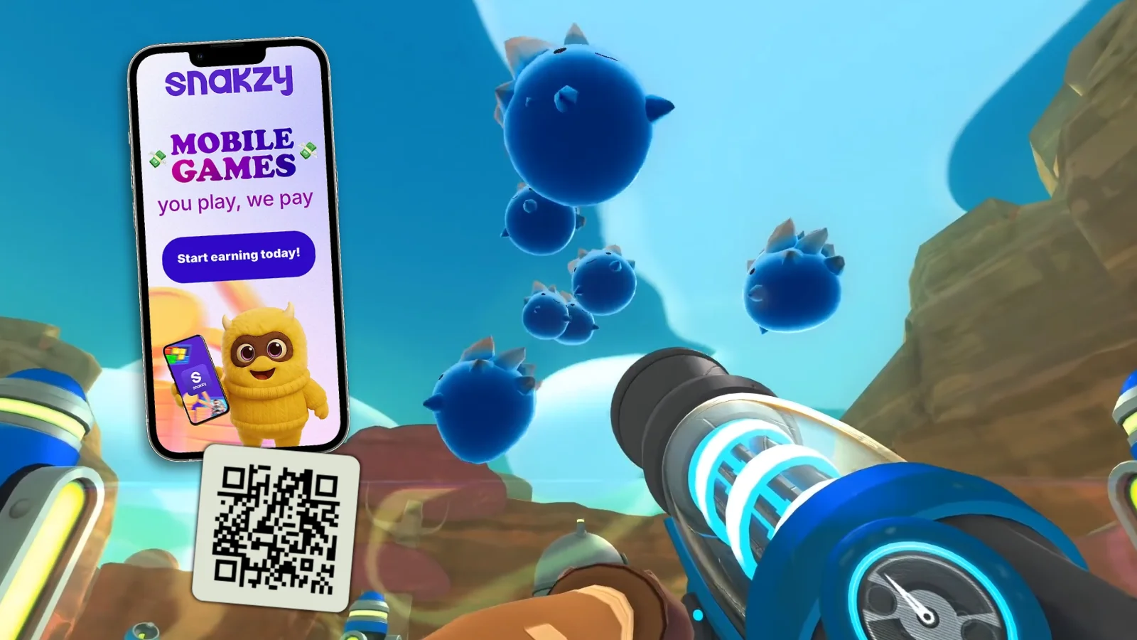 Scanning the Snakzy app QR code to start earning coins toward Slime Rancher