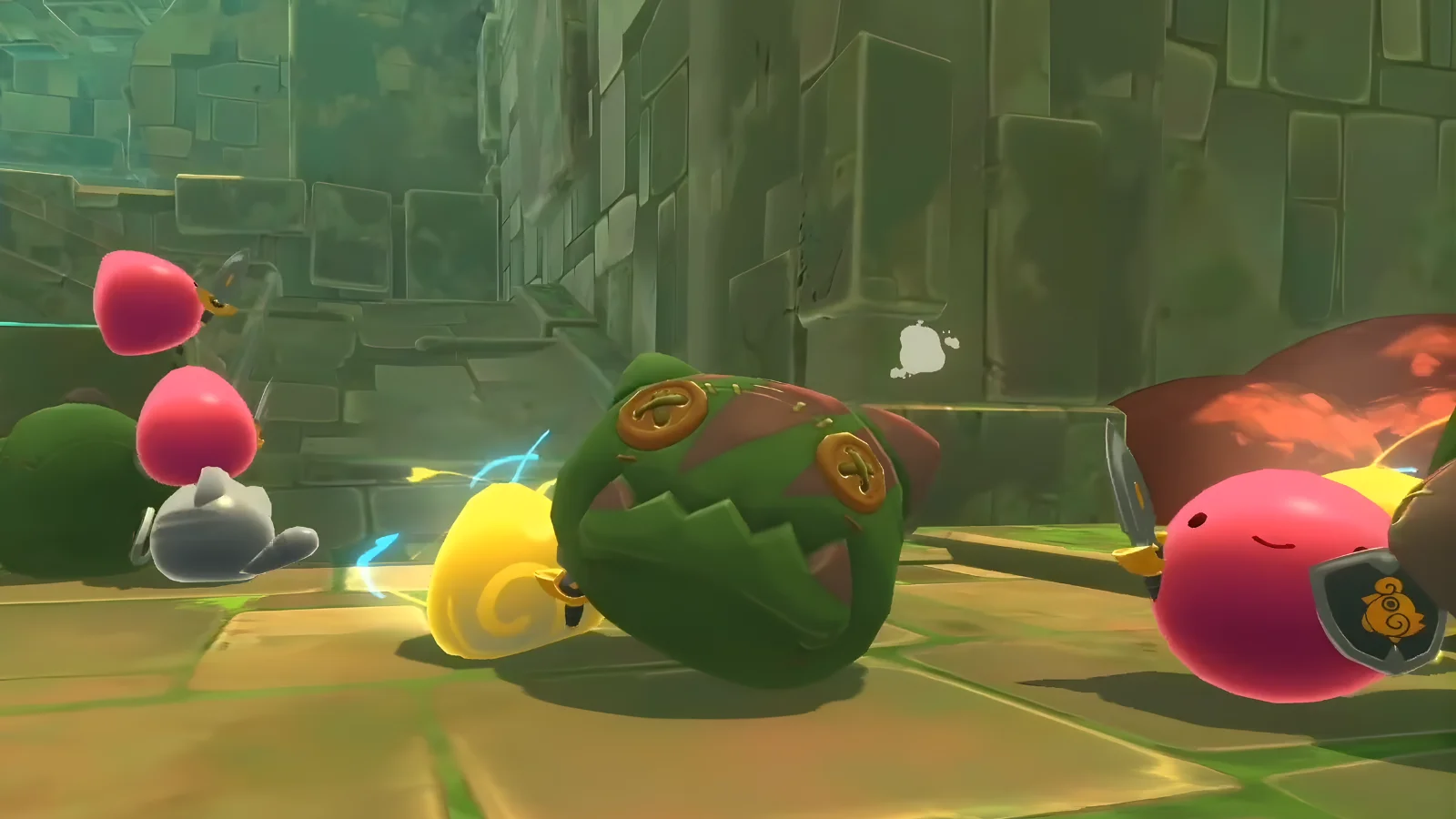 Colorful slime creatures roaming the Far, Far Range in Slime Rancher