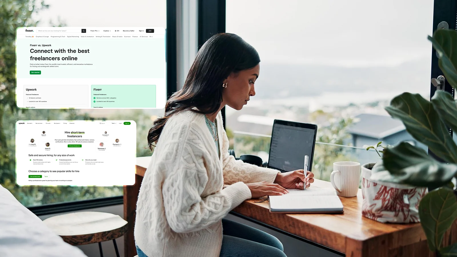 a woman writing notes and fiverr and upwork websites