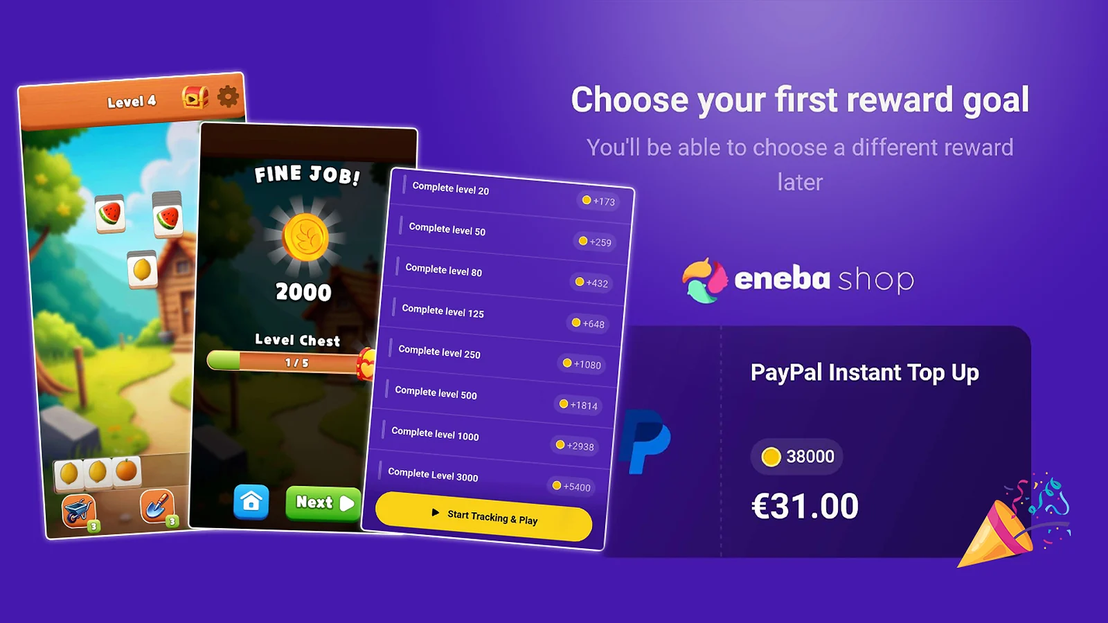 Snakzy app interface showing game levels, coin rewards, and a PayPal cash out option