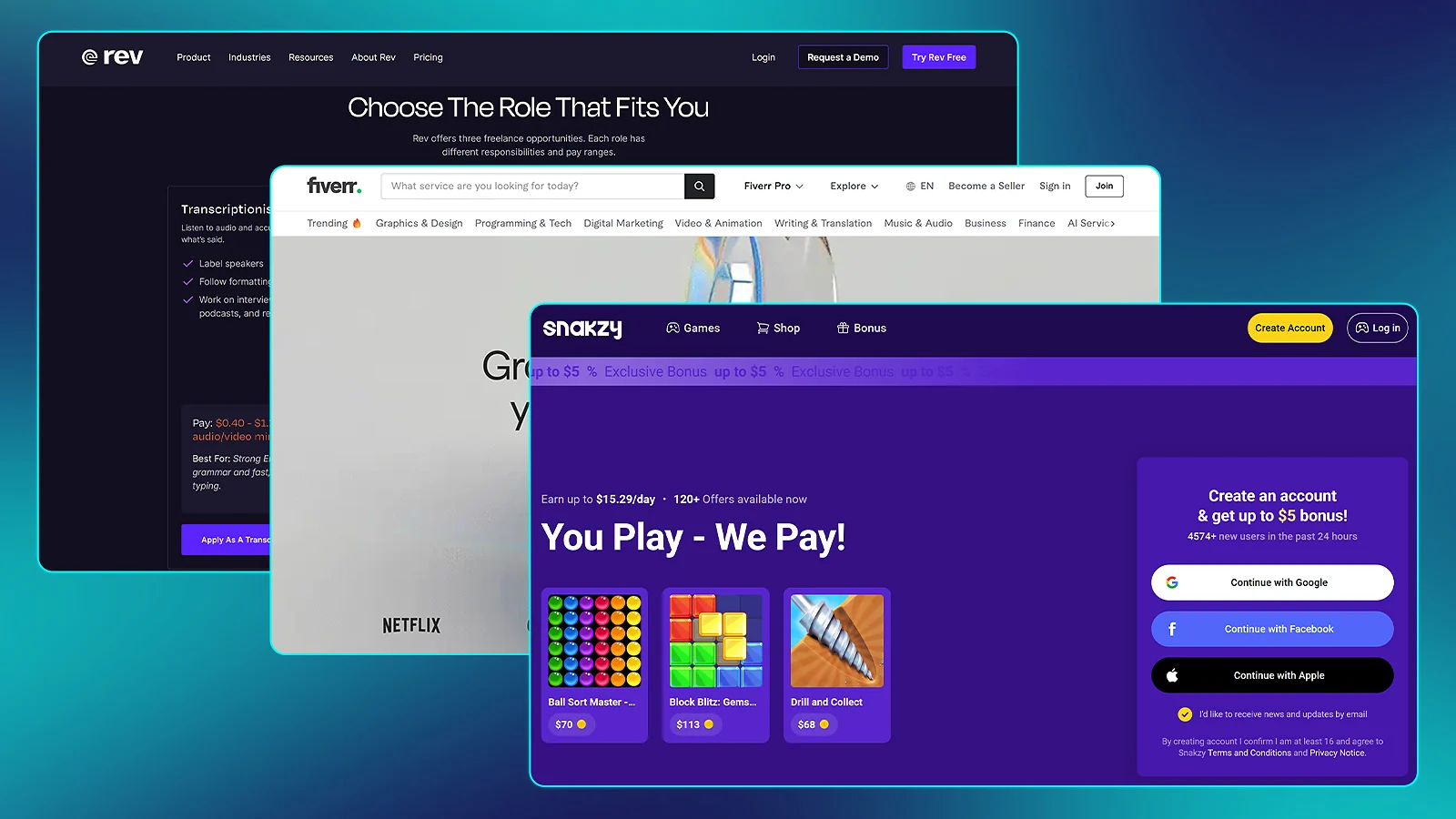 Website homepages for online earning platforms Snakzy, Fiverr, and Rev