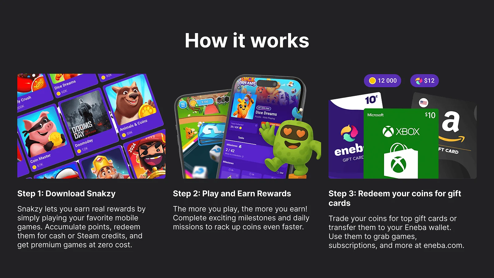 Visual walkthrough of the Snakzy earning steps