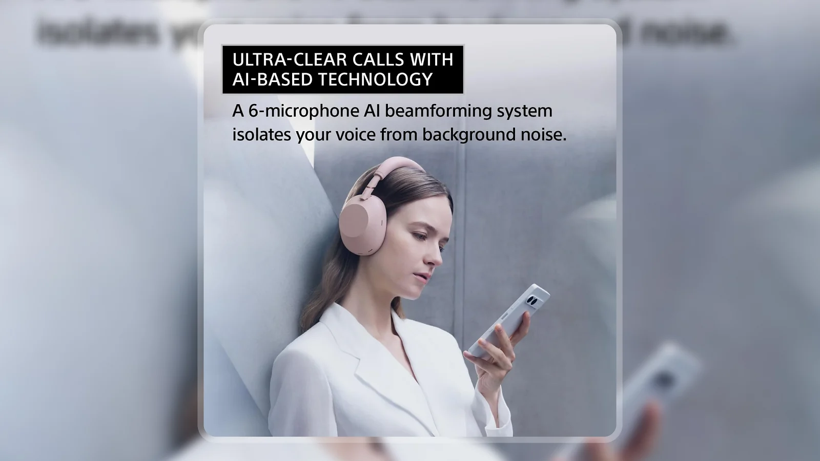Woman wearing Sony WH-1000XM6 headphones while looking at her smartphone outdoors