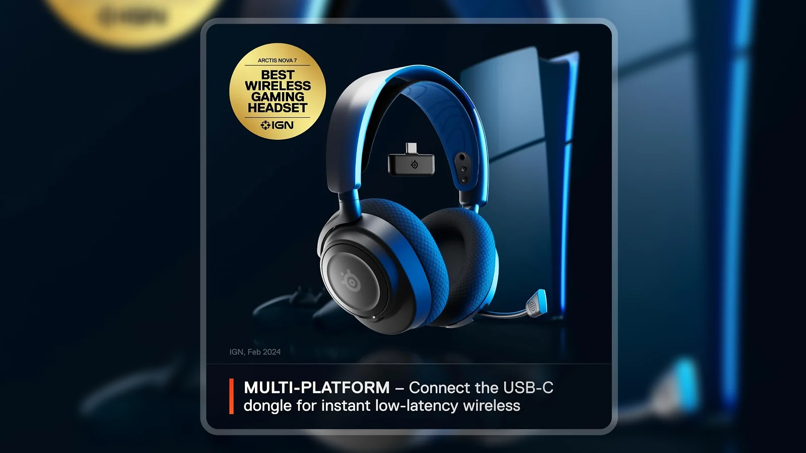 SteelSeries Arctis Nova 7P Wireless headset with USB-C dongle beside a PS5 console in blue gaming setup