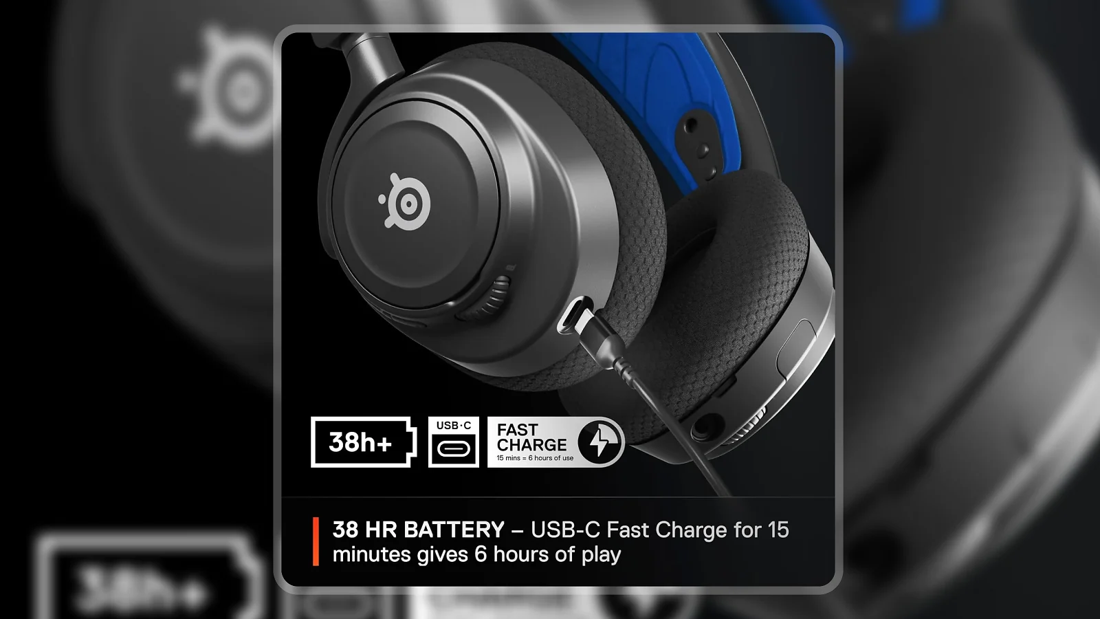 SteelSeries Arctis Nova 7P Wireless headset ear cup showing USB-C charging port and cable connection