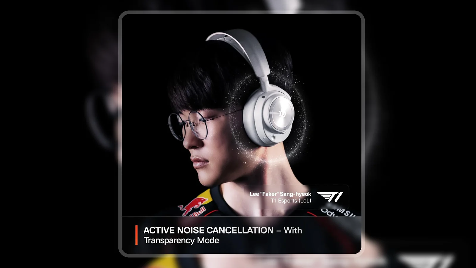 SteelSeries Arctis Nova Pro Wireless headset worn by a person against a dark backdrop with particle effects around earcups