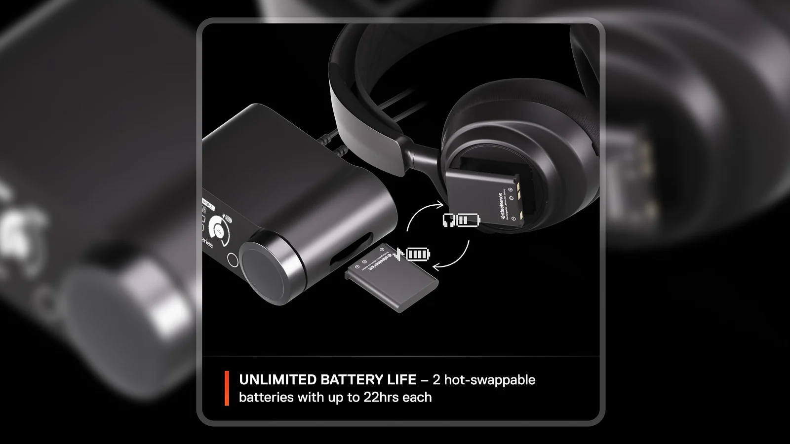 SteelSeries Arctis Nova Pro Wireless base station and headset showing the hot-swappable battery system with two batteries