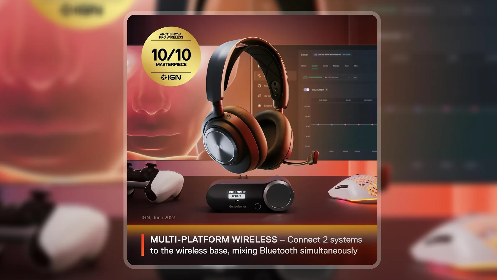 SteelSeries Arctis Nova Pro Wireless headset on a gaming desk setup with RGB lighting and monitors