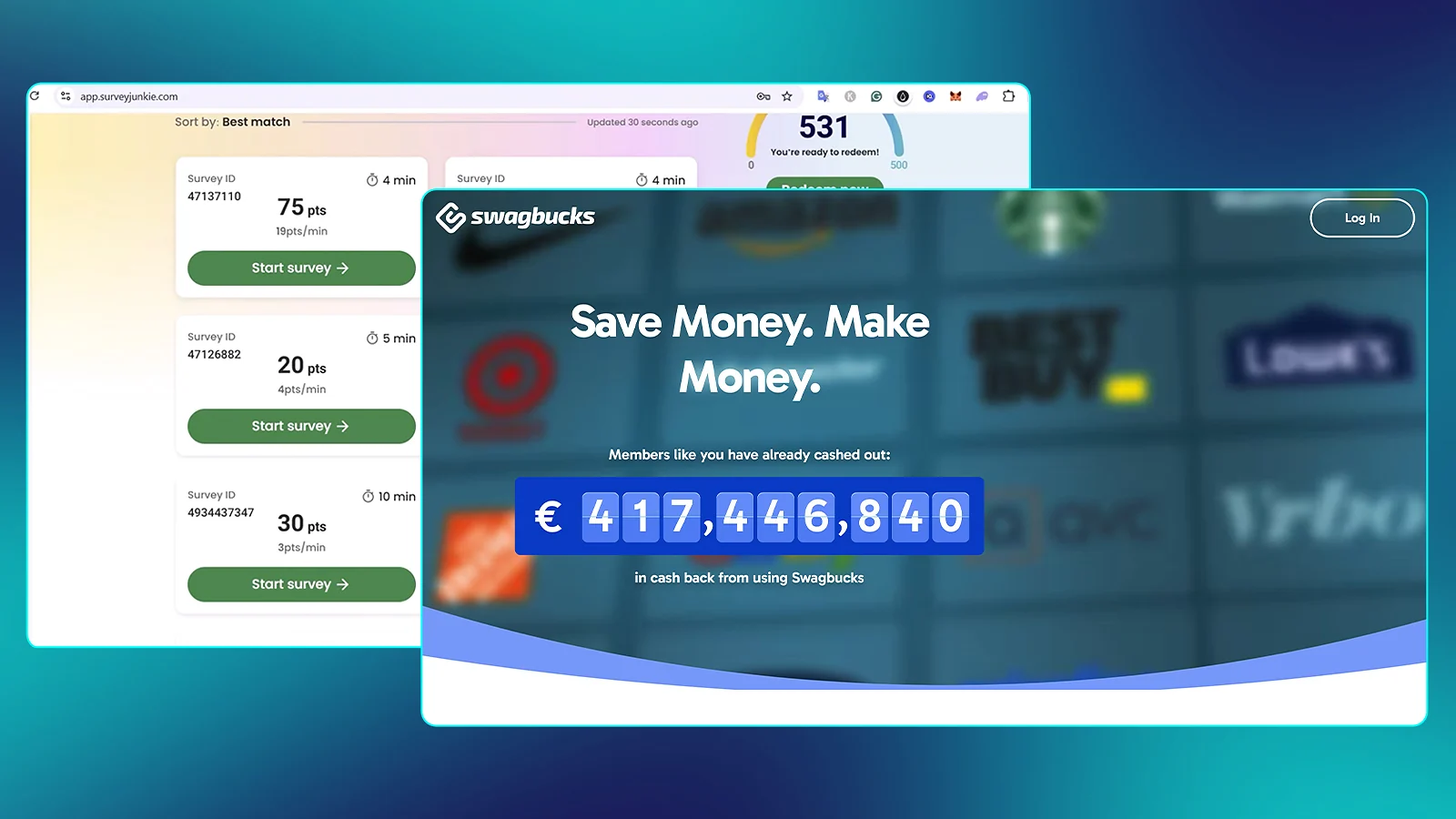 Paid online surveys: Survey Junkie and Swagbucks website interfaces