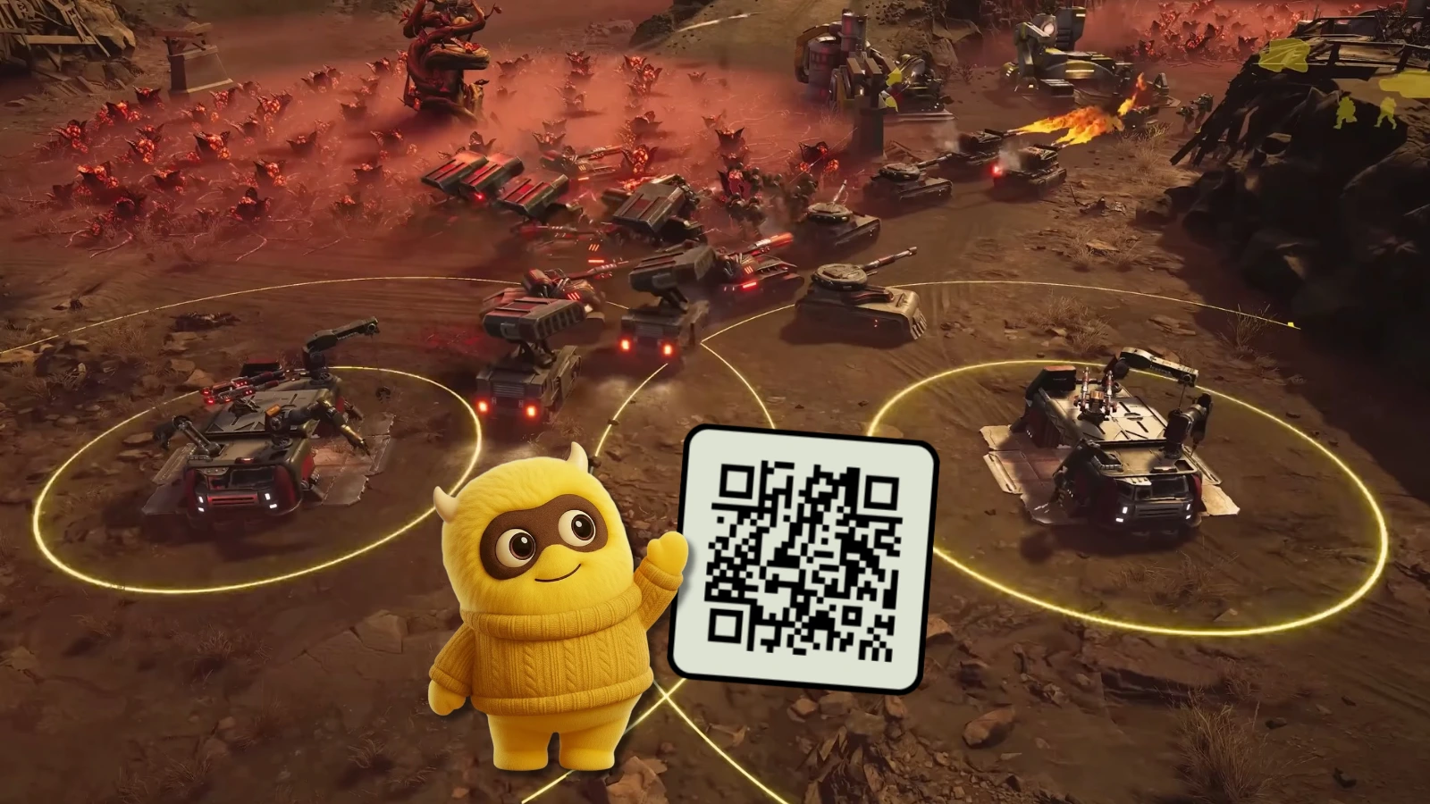 Snakzy mascot and QR code over a large-scale Tempest Rising battle
