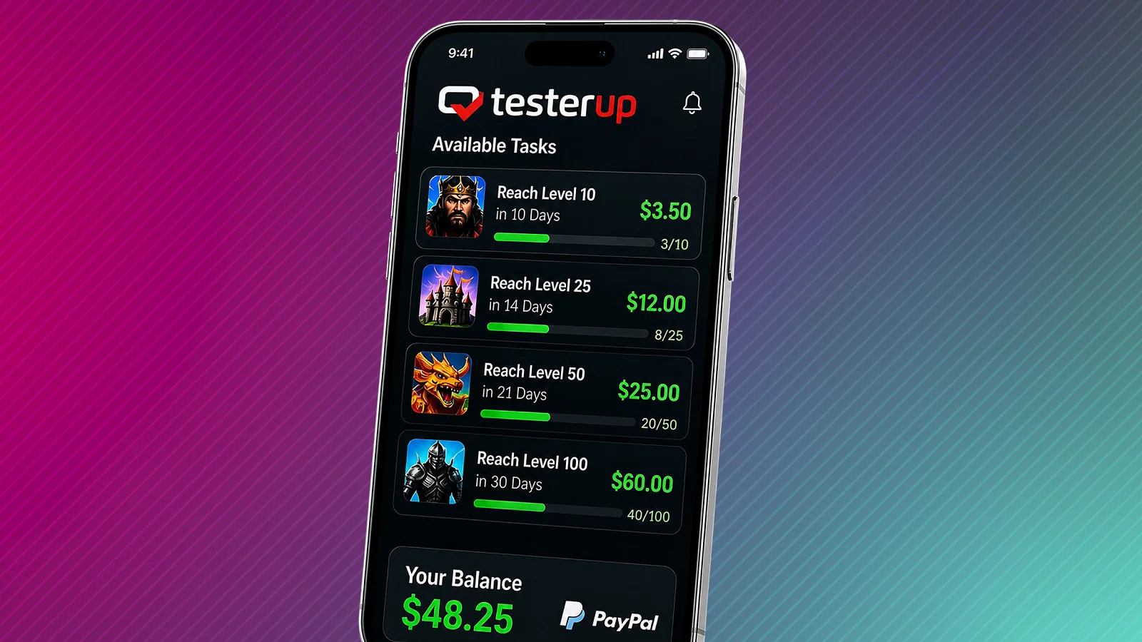 Captura de pantalla de la aplicación TesterUp en la que se muestran las tareas de prueba disponibles