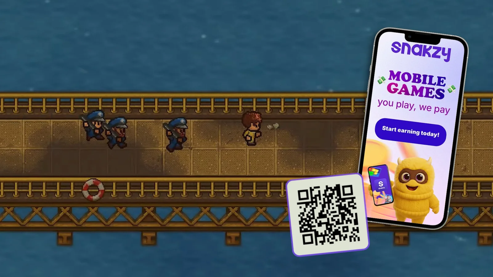 Snakzy mobile app screen with a QR code over an Escapists 2 bridge escape scene