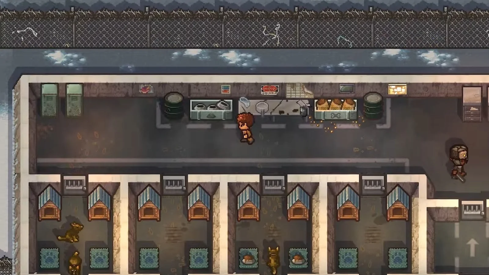 Guard dog kennels lining a prison yard in The Escapists 2
