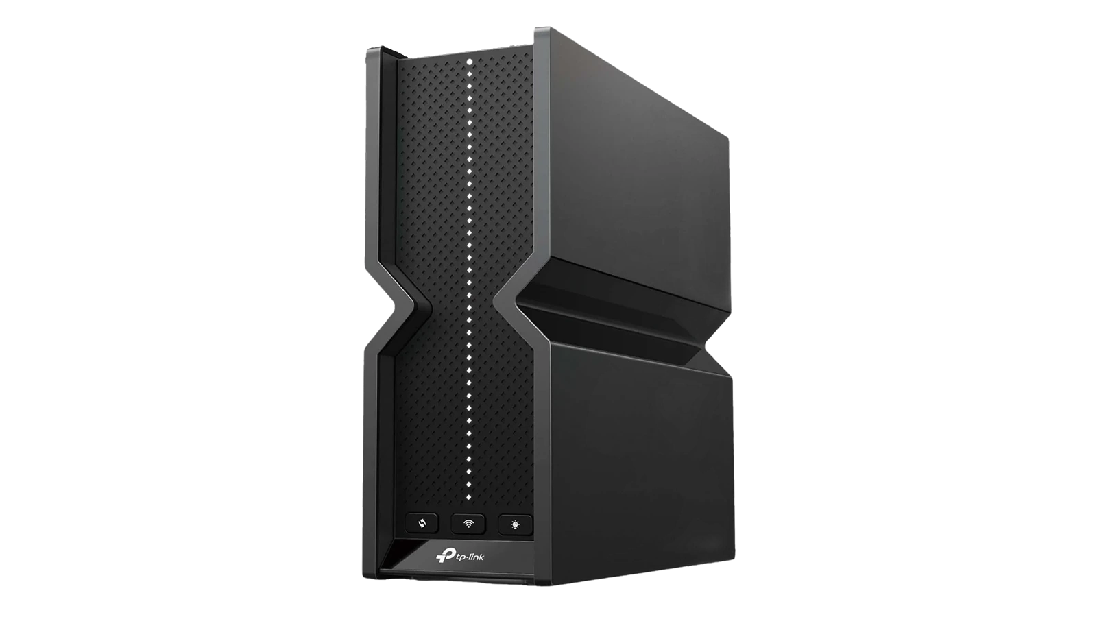 TP-Link Archer BE550 WiFi 7 router on dark background, angled front view showing LED indicators