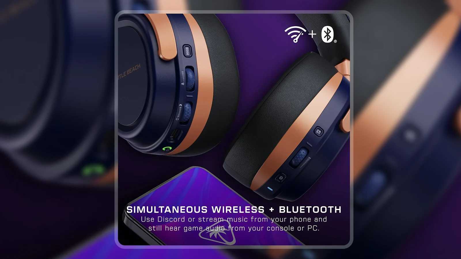 Turtle Beach Stealth 700 Gen 3 headset overhead view beside a smartphone showing wireless multiplatform use