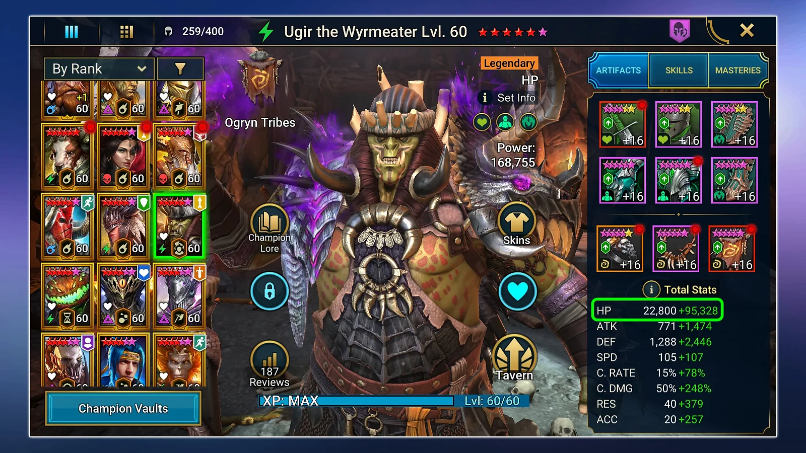 Character screen for Ugir the Wyrmeater highlighting the total HP stat in Raid Shadow Legends