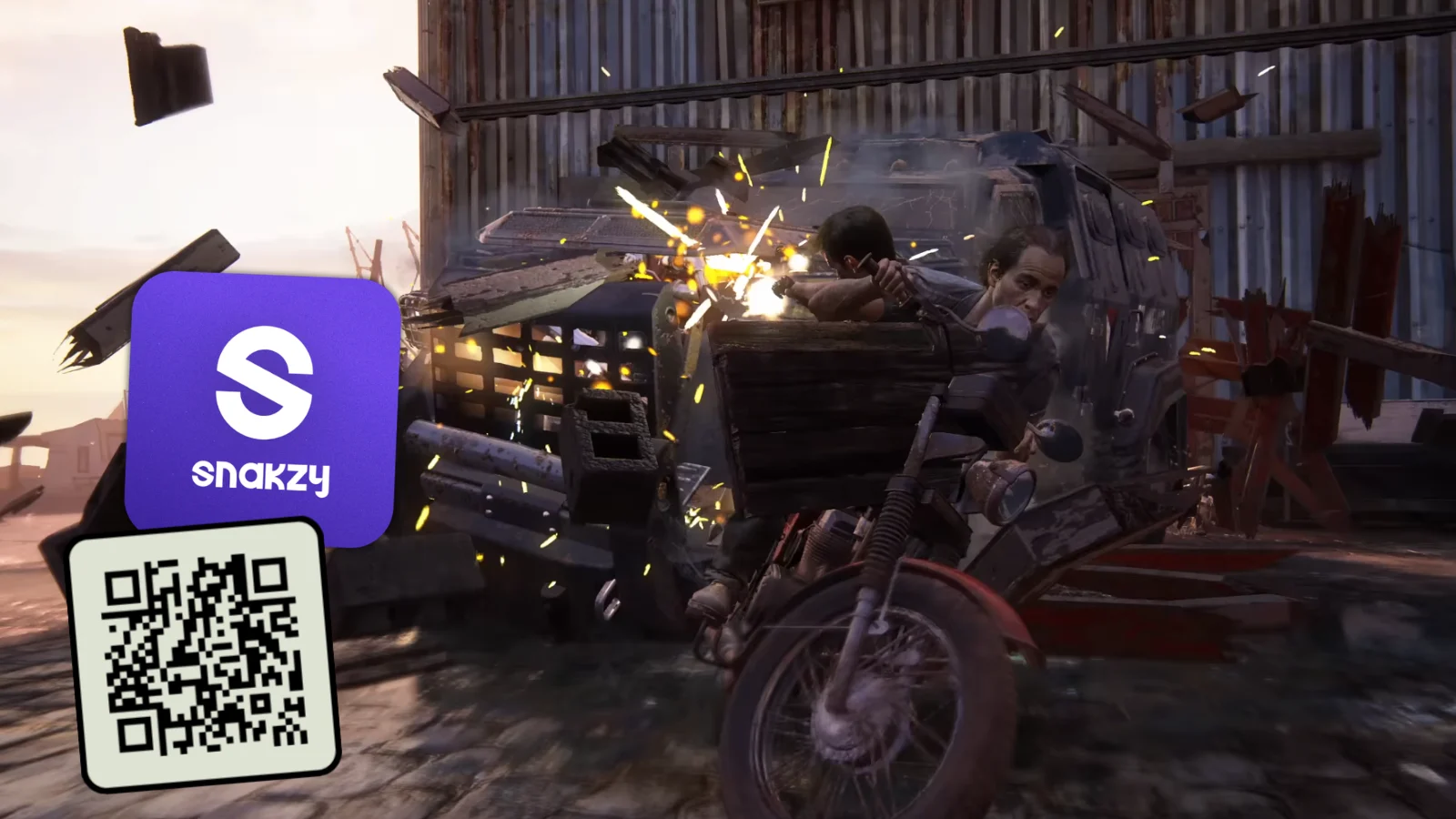 A crash scene from UNCHARTED: Legacy of Thieves Collection alongside the Snakzy app QR code