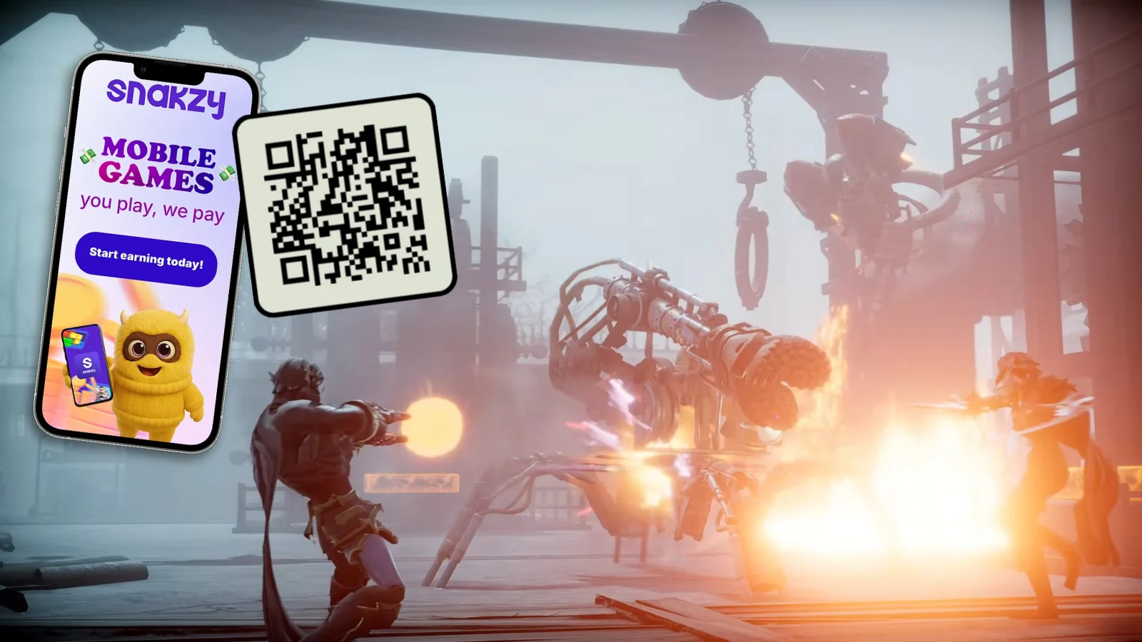 Snakzy mobile app QR code screen with a V Rising themed explosion effect