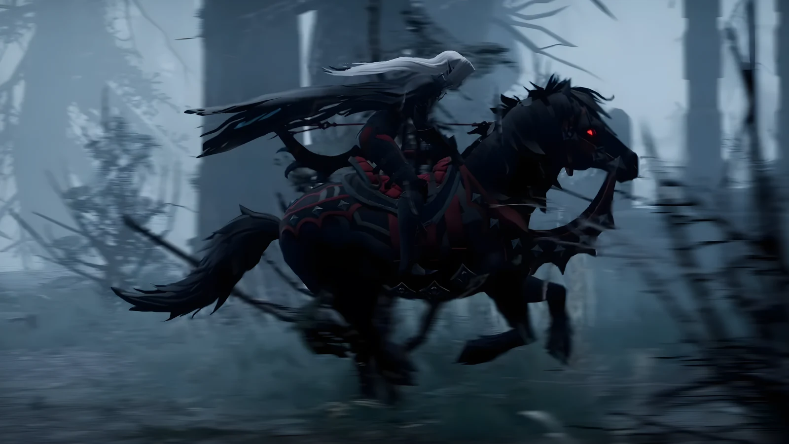 V Rising player character riding through a forest at night